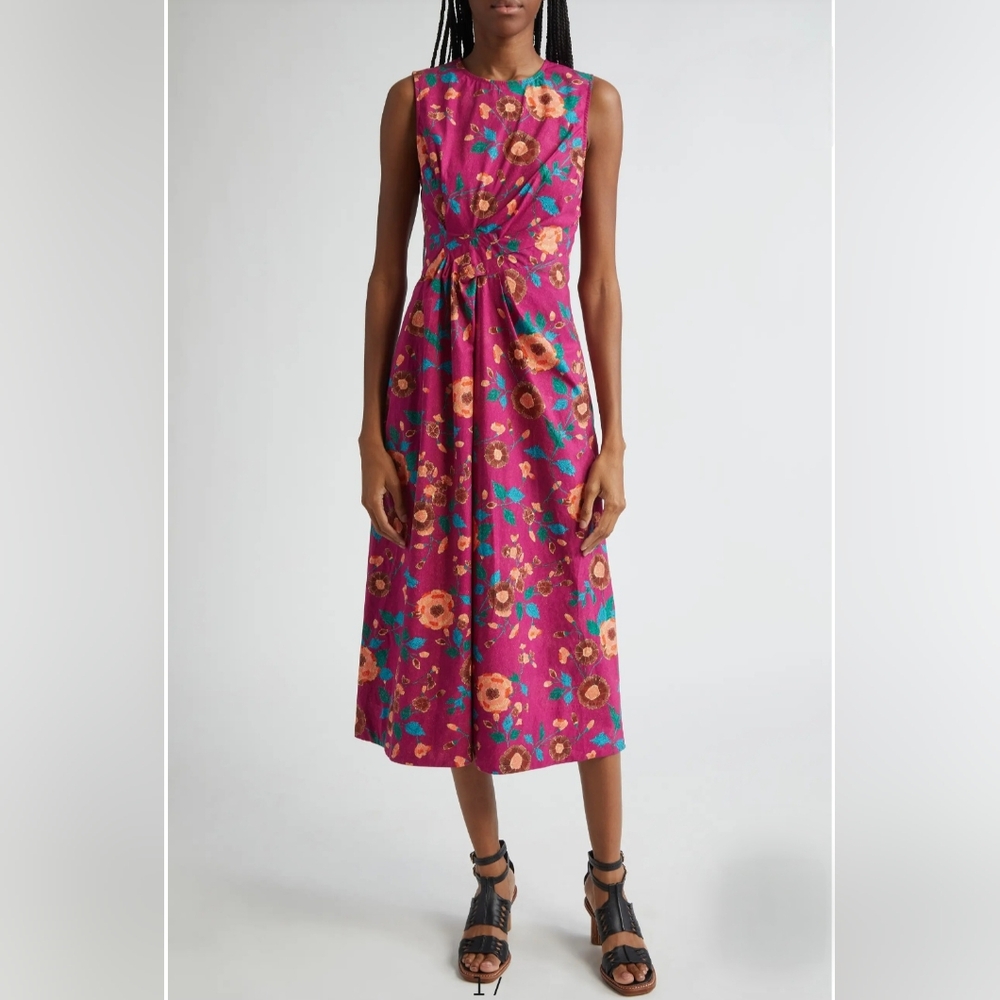 Ulla Johnson Davina Floral Twisted Waist Midi Dress Pink 100% Cotton Size 0